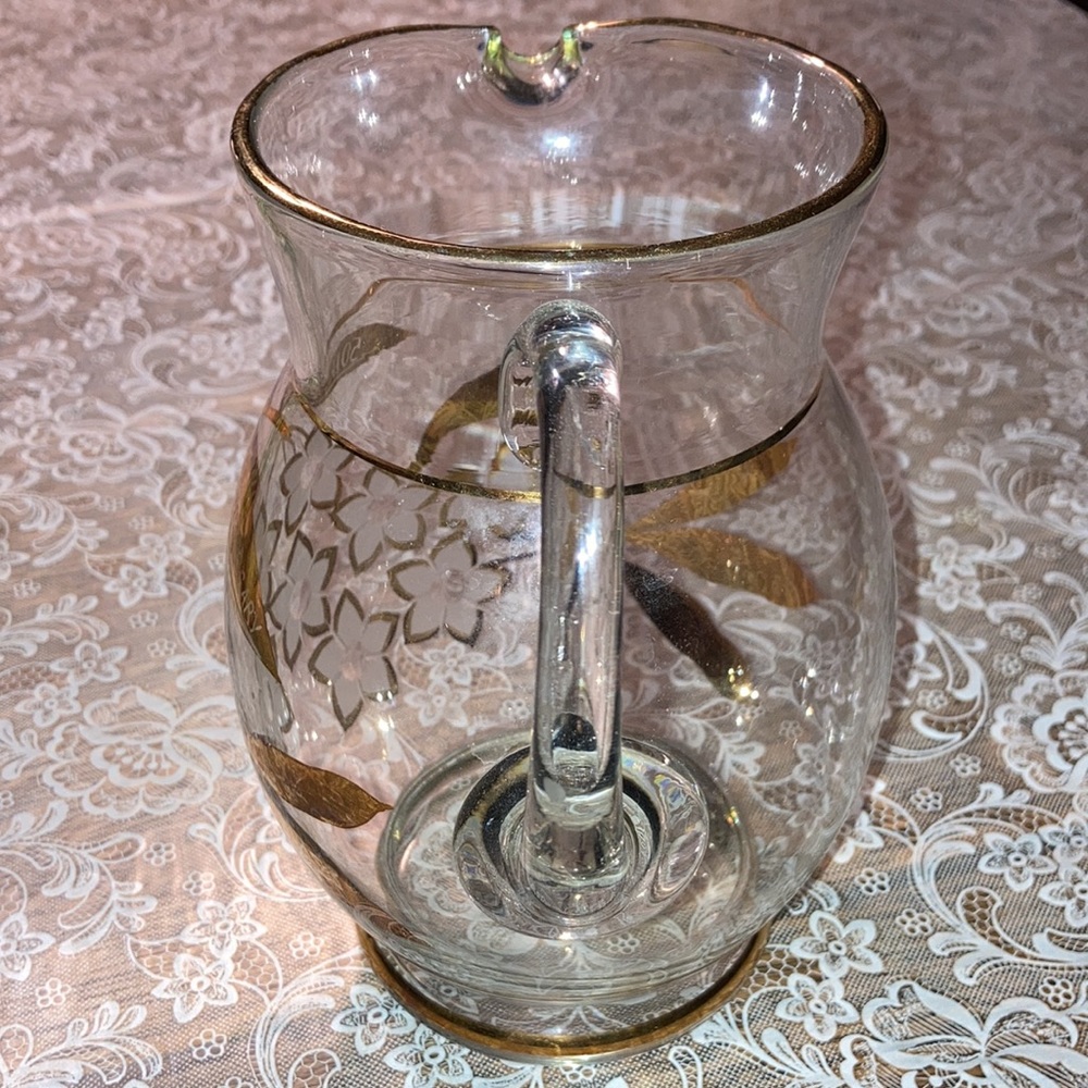 Golden Anniv (50) glass pitcher, 8” hi x 5”+2” handle, intact gold dec.    $15 - Picture 4 of 5